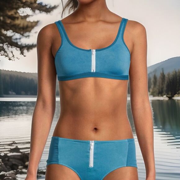 Chaser Swim Bikini Set L Sport Zip Top High Waist Bottom Blue NWT Designer Retro - Picture 3 of 9